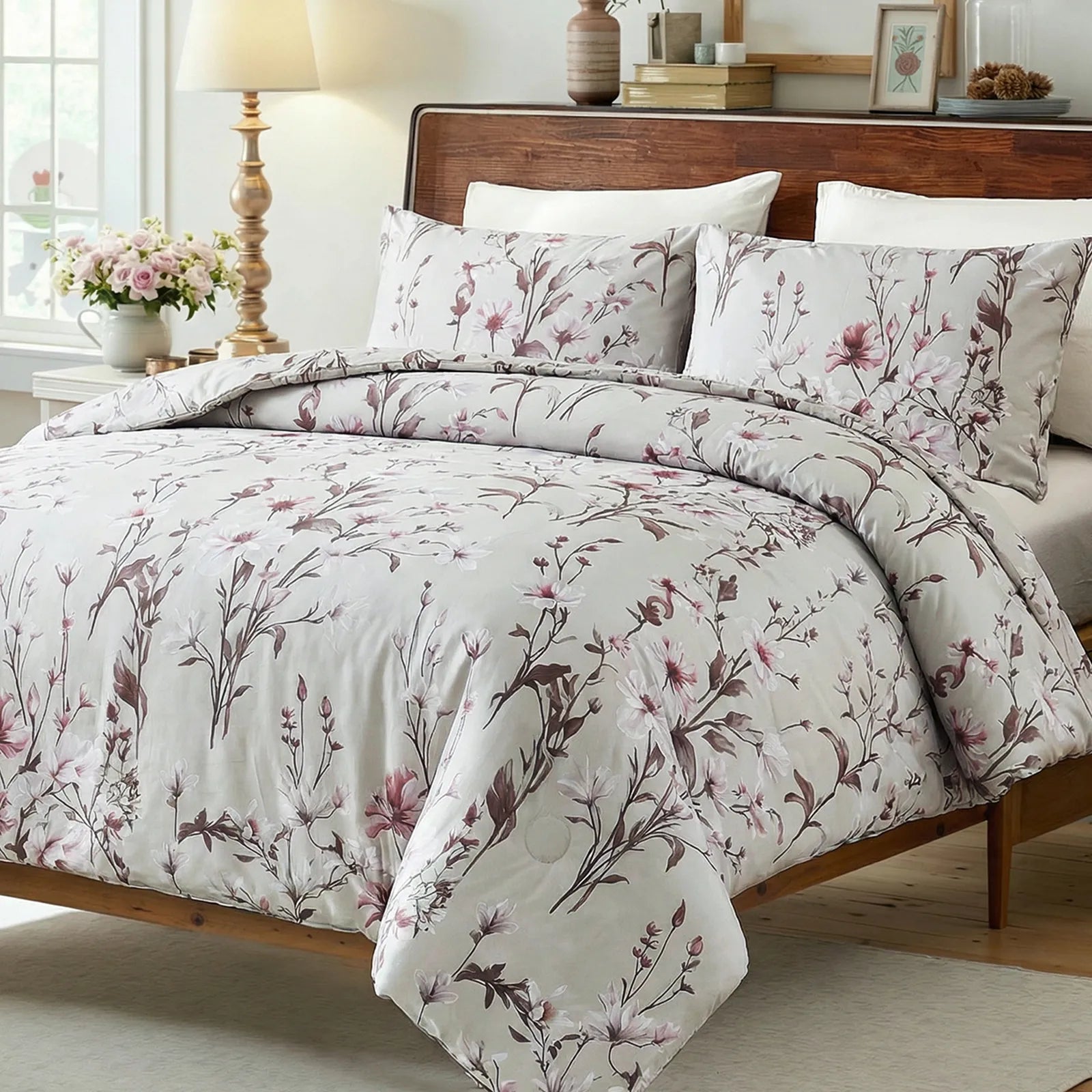 Side angle of mauve floral bedding set