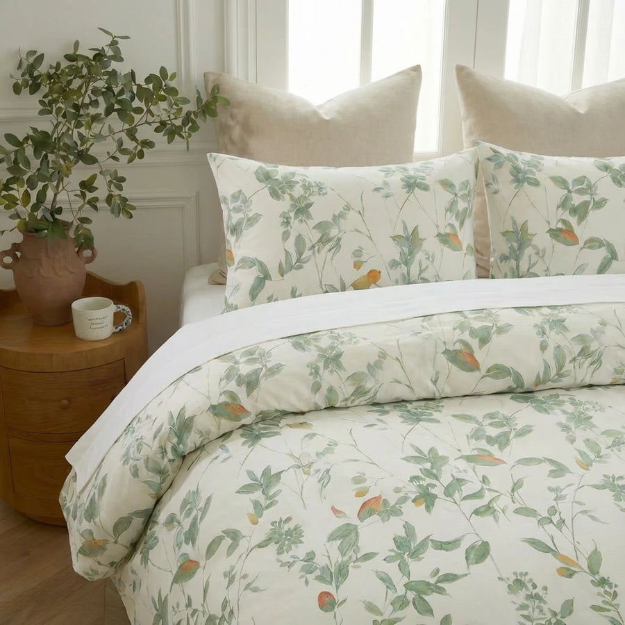 detailed wildflower print cotton pillowcases in shabby chic sage green style
