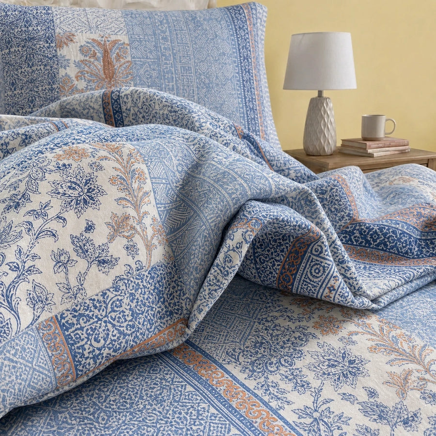 mediterranean patchwork duvet cover set fabric detail closeup