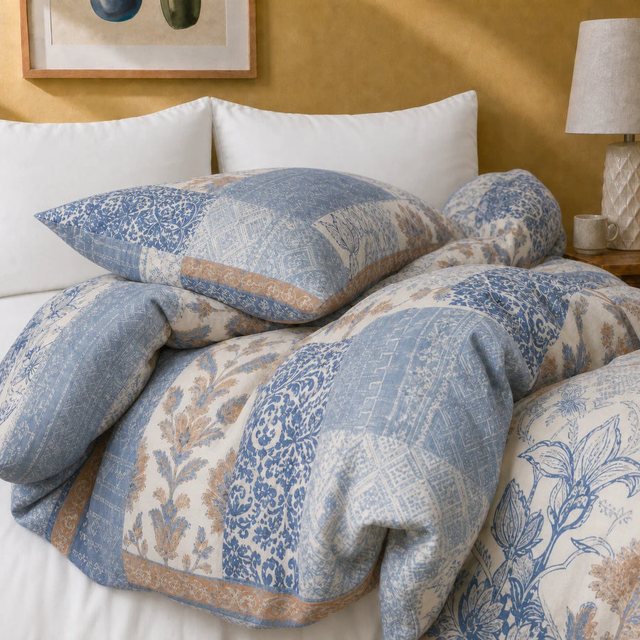 mediterranean patchwork duvet cover set mustard bedroom styling