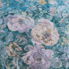Detailed view of the midnight blue fabric and botanical pattern