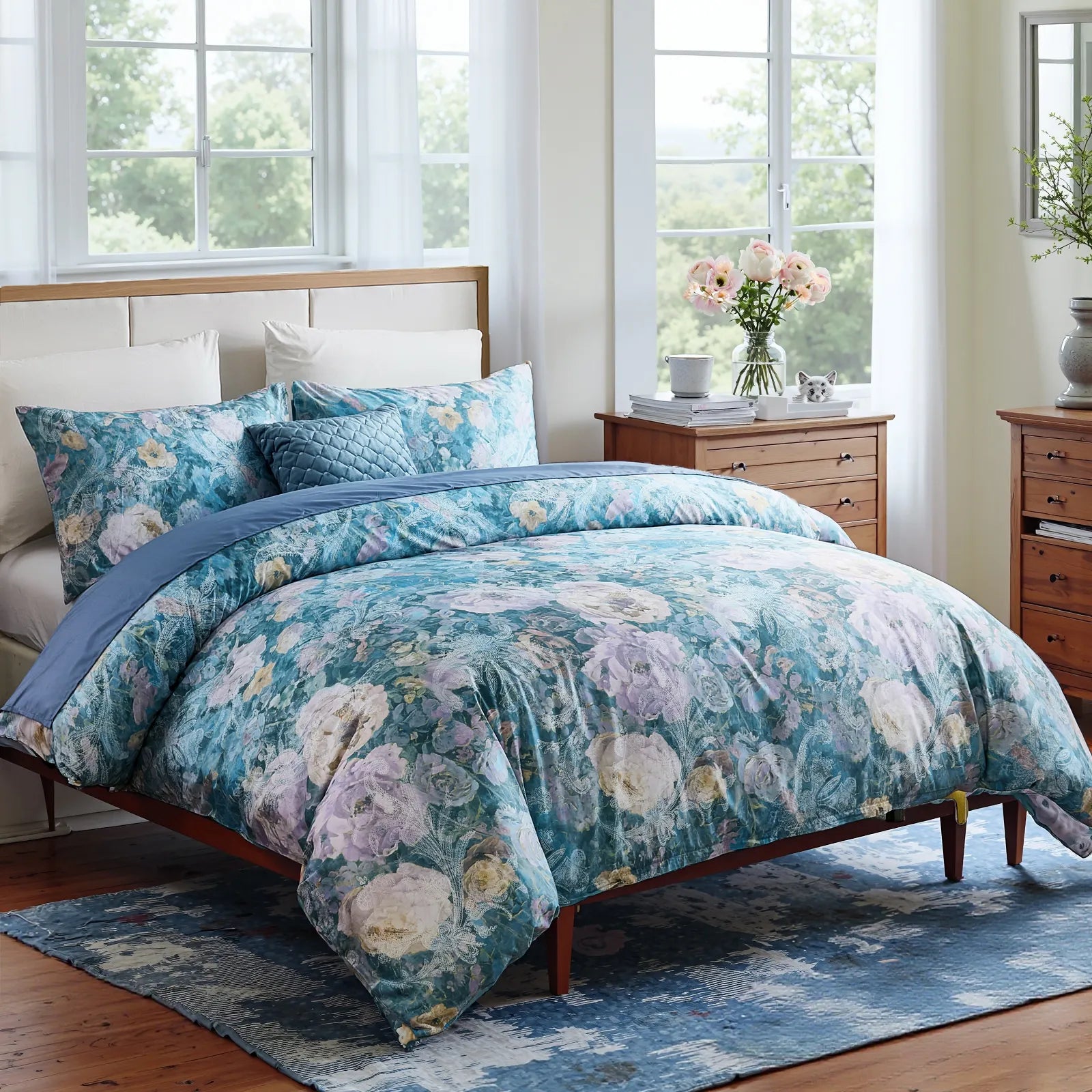 100% cotton midnight blue comforter set styled in a modern bedroom.