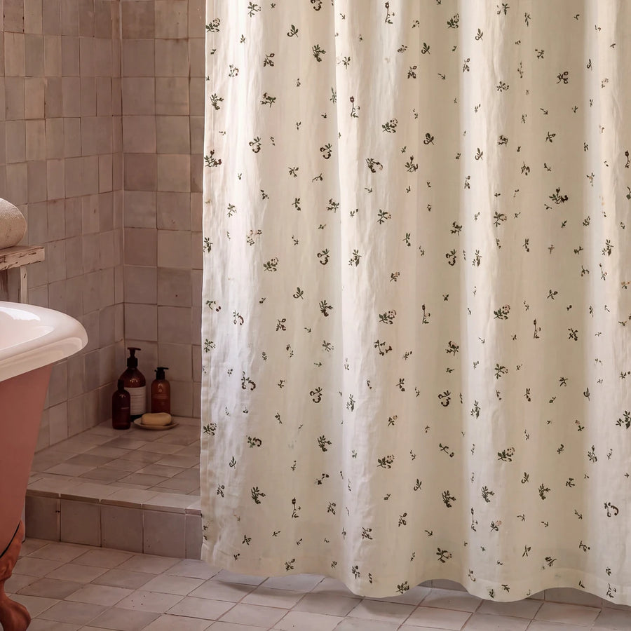 minimalist meadow sprig shower curtain cream green terracotta tub corner