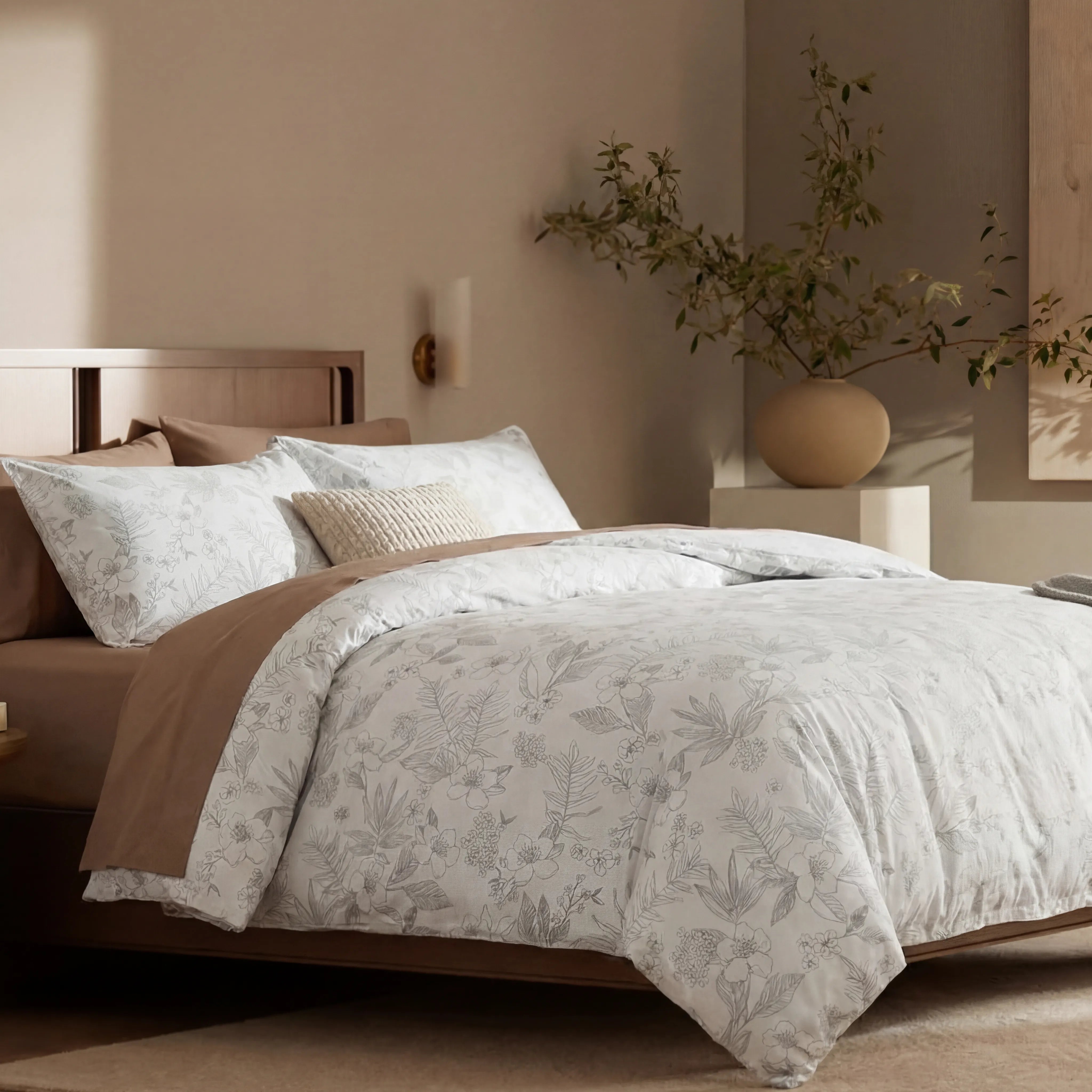 Modern grey flower comforter angled view