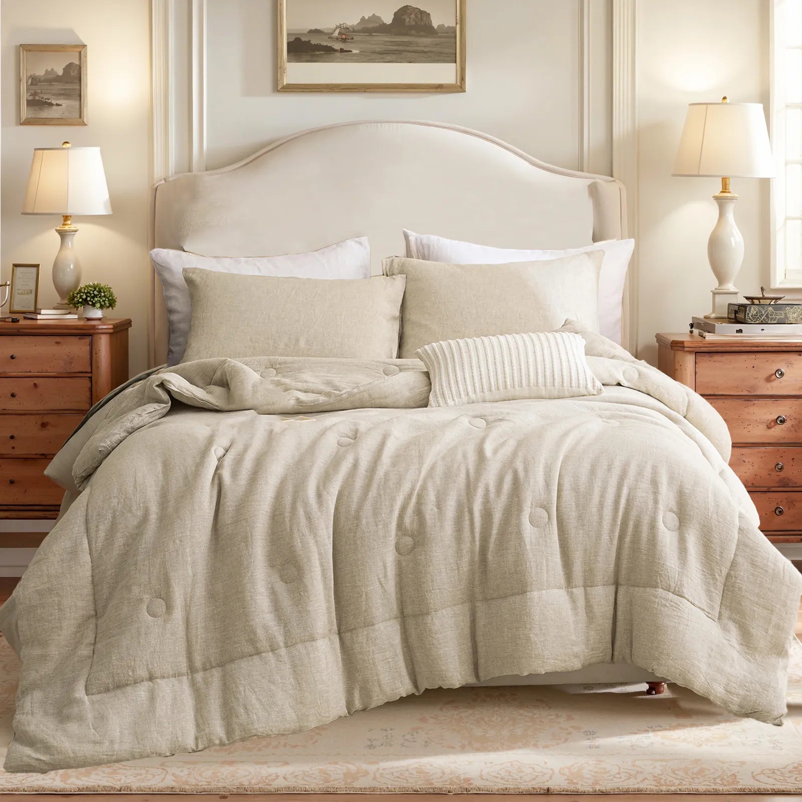 front view of the light beige natural linen pillowcase fabric.