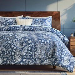 Symmetric front view of navy paisley bedding