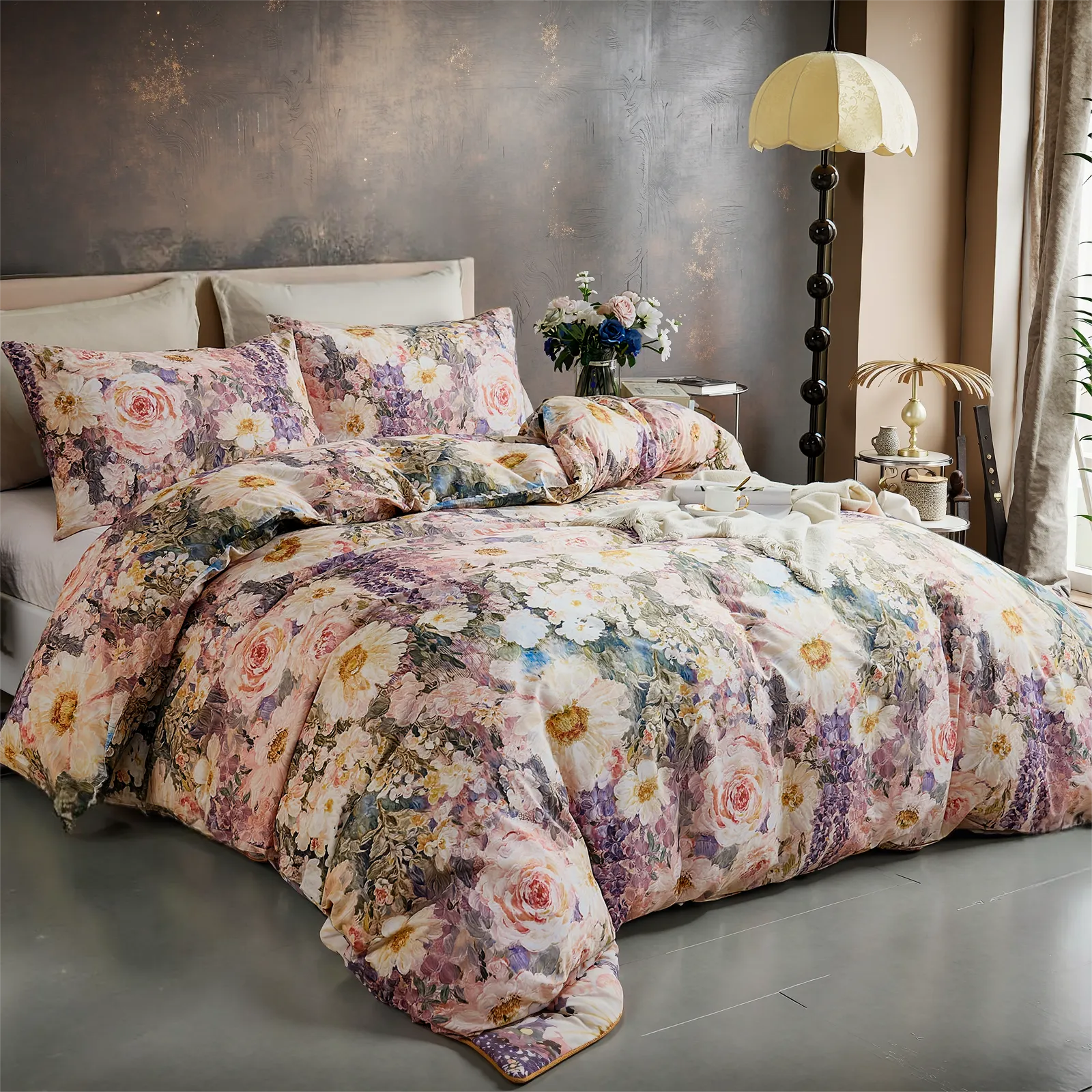 side view of colorful floral duvet