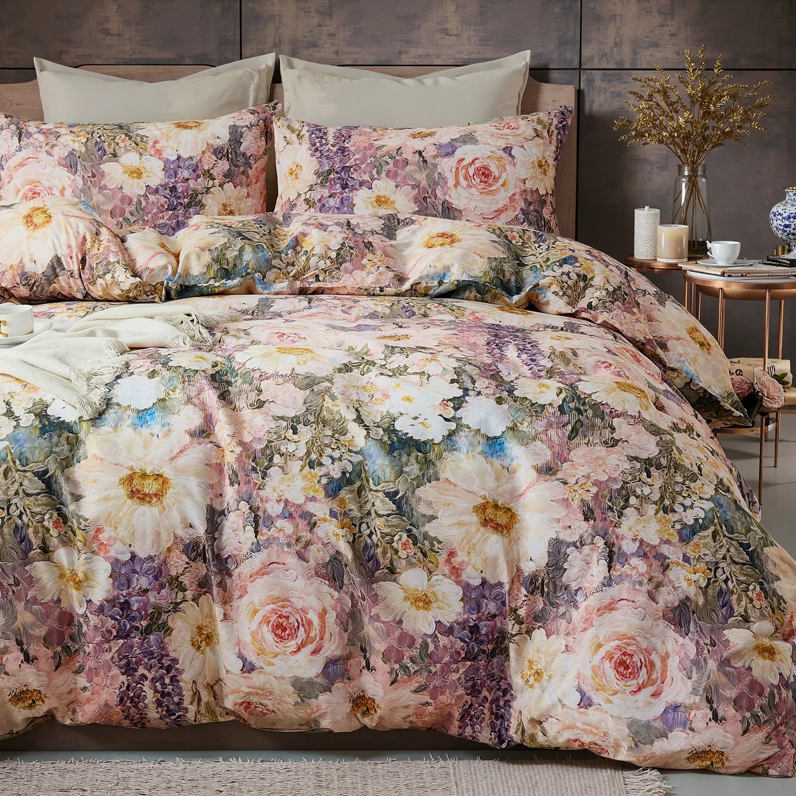 colorful floral duvet in bedroom