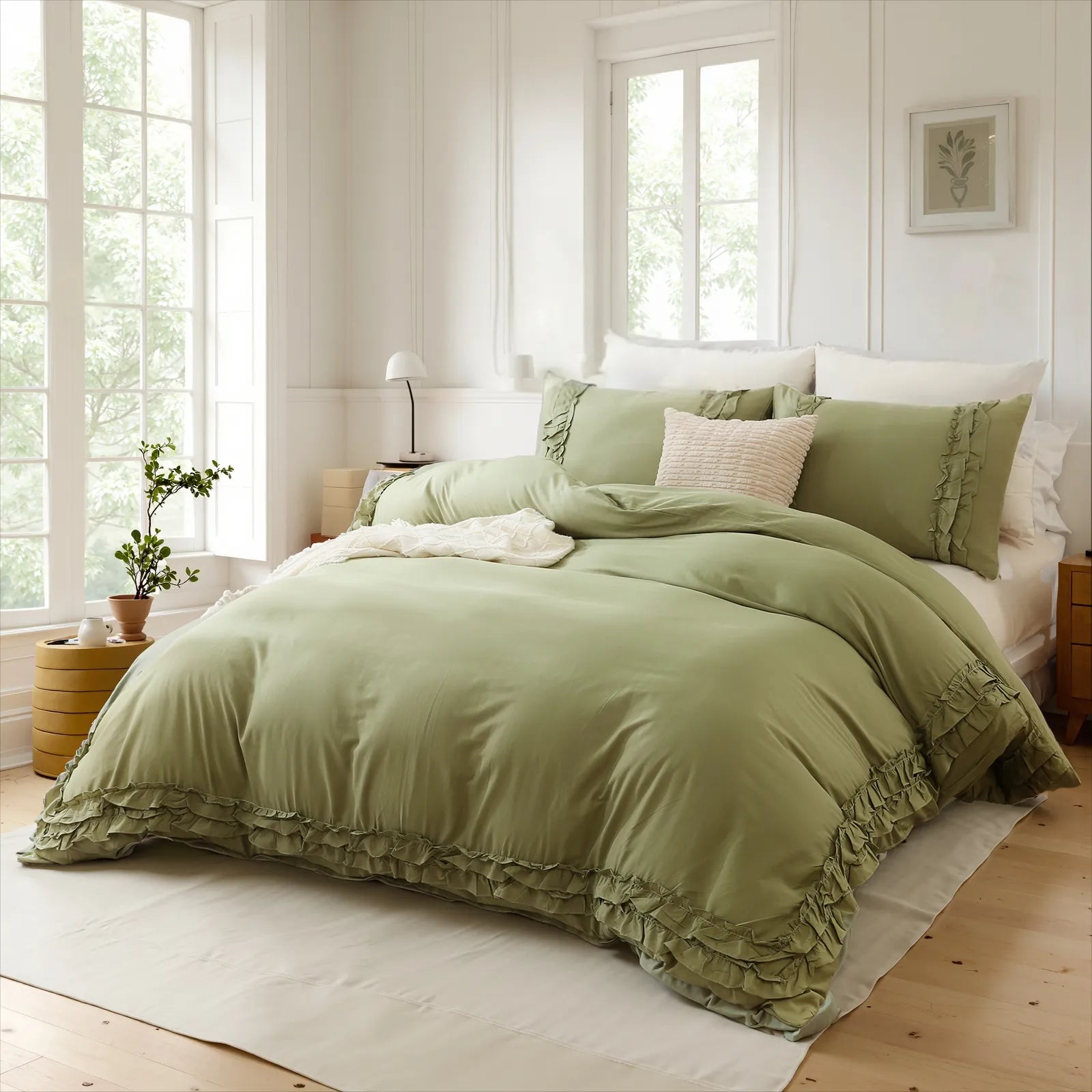 Olive green cotton double ruffle duvet cover and pillows on a bed between nightstands with a black lamp.