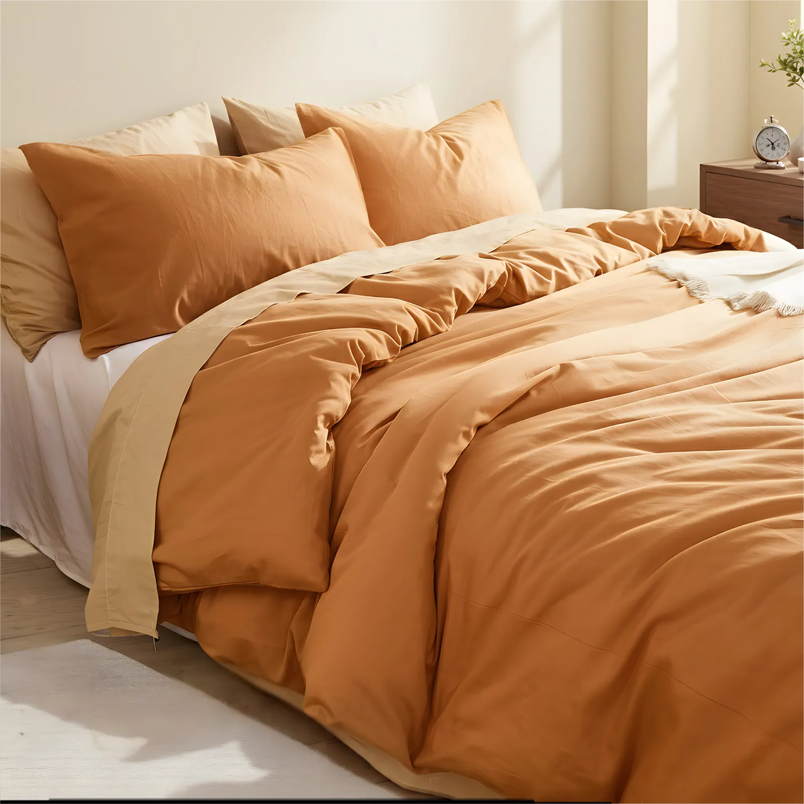 Top down view of orange duvet with four pillows arrangement.