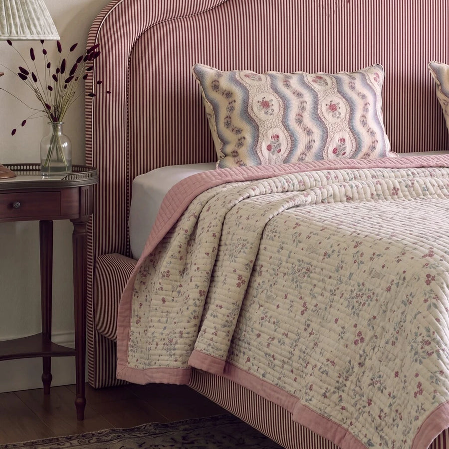orchard flora washed cotton linen quilt dusty pink dark wooden nightstand pleated lamp