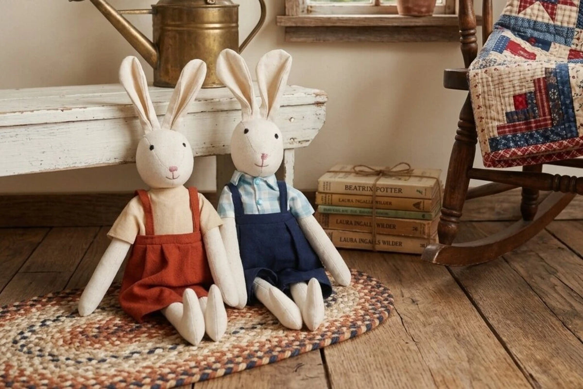 overalls bunny dolls classic books rustic entryway