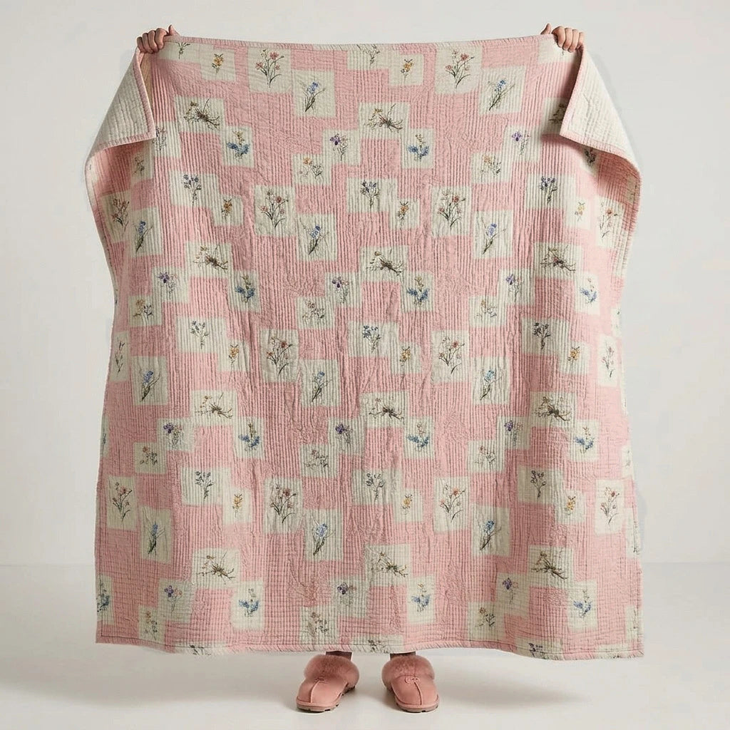patchwork floral cotton blanket wildflower blush bedroom