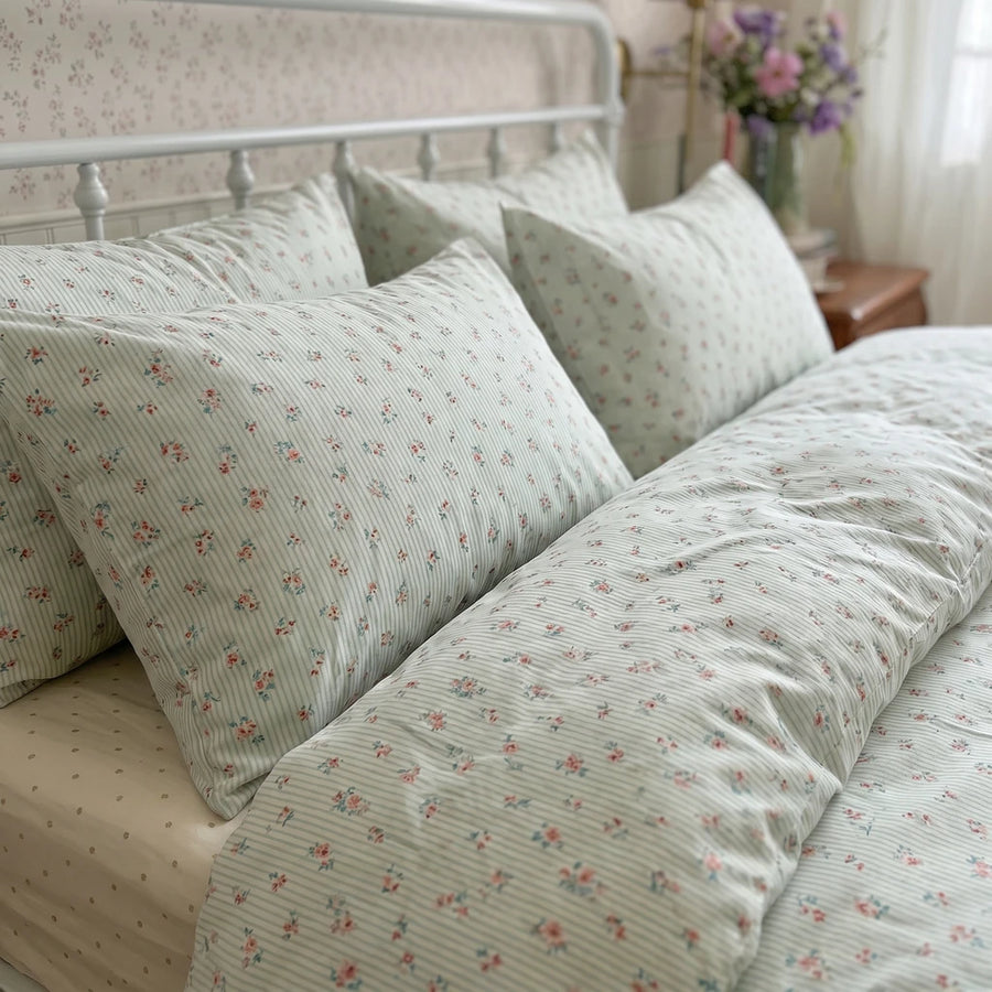 petite bloom floral pinstripe pillow shams close up
