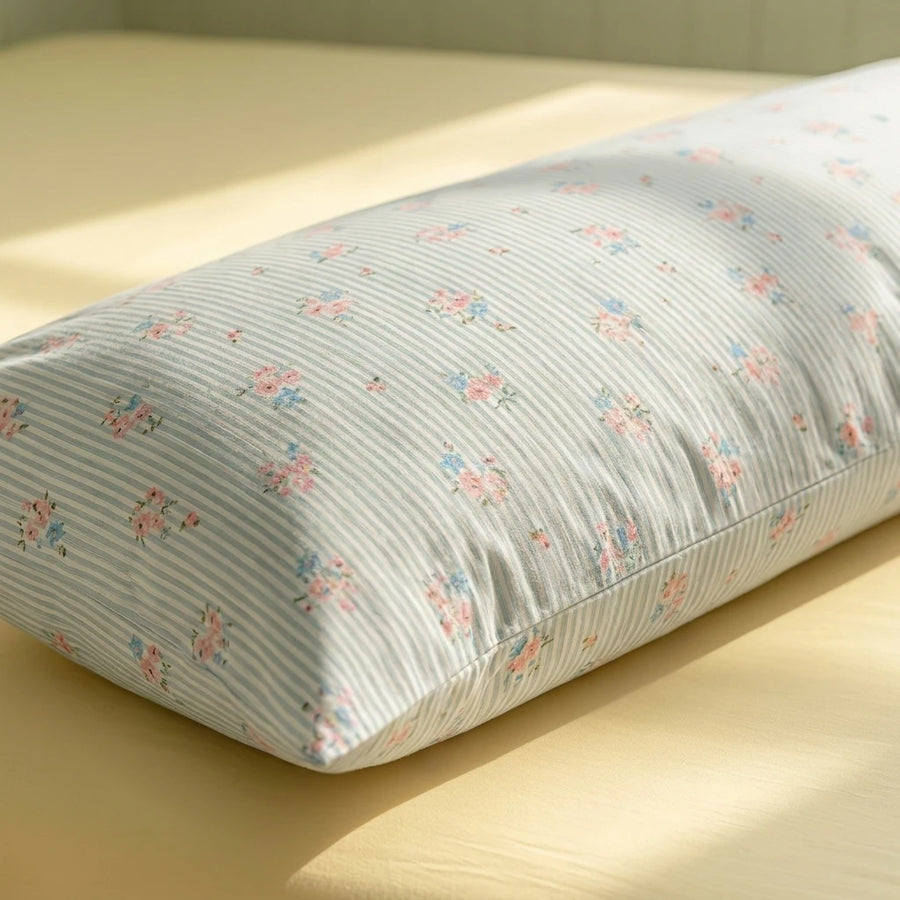 petite bloom pinstripe pillowcases pink floral fabric detail