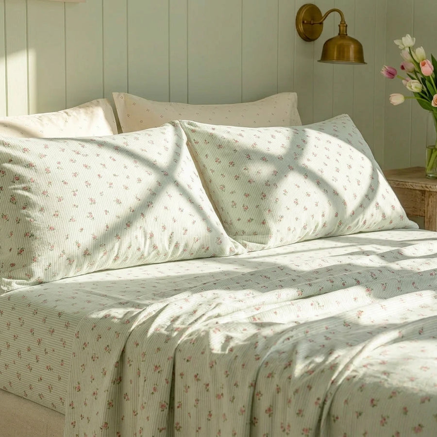 petite bloom pinstripe sheet set pink floral bedding main