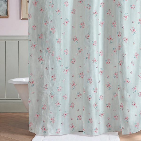 petite bloom pinstripe shower curtain blue pink clawfoot tub green wainscoting