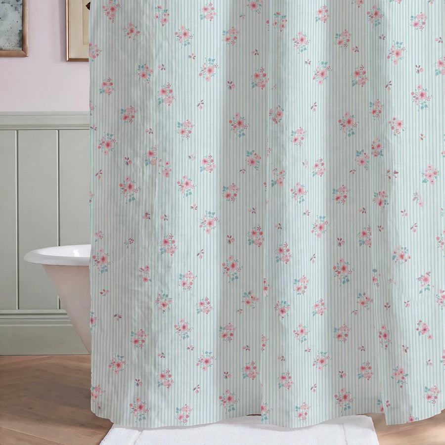 petite bloom pinstripe shower curtain blue pink clawfoot tub green wainscoting