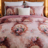 Close-up of the pillows on the pink baroque floral comforter set