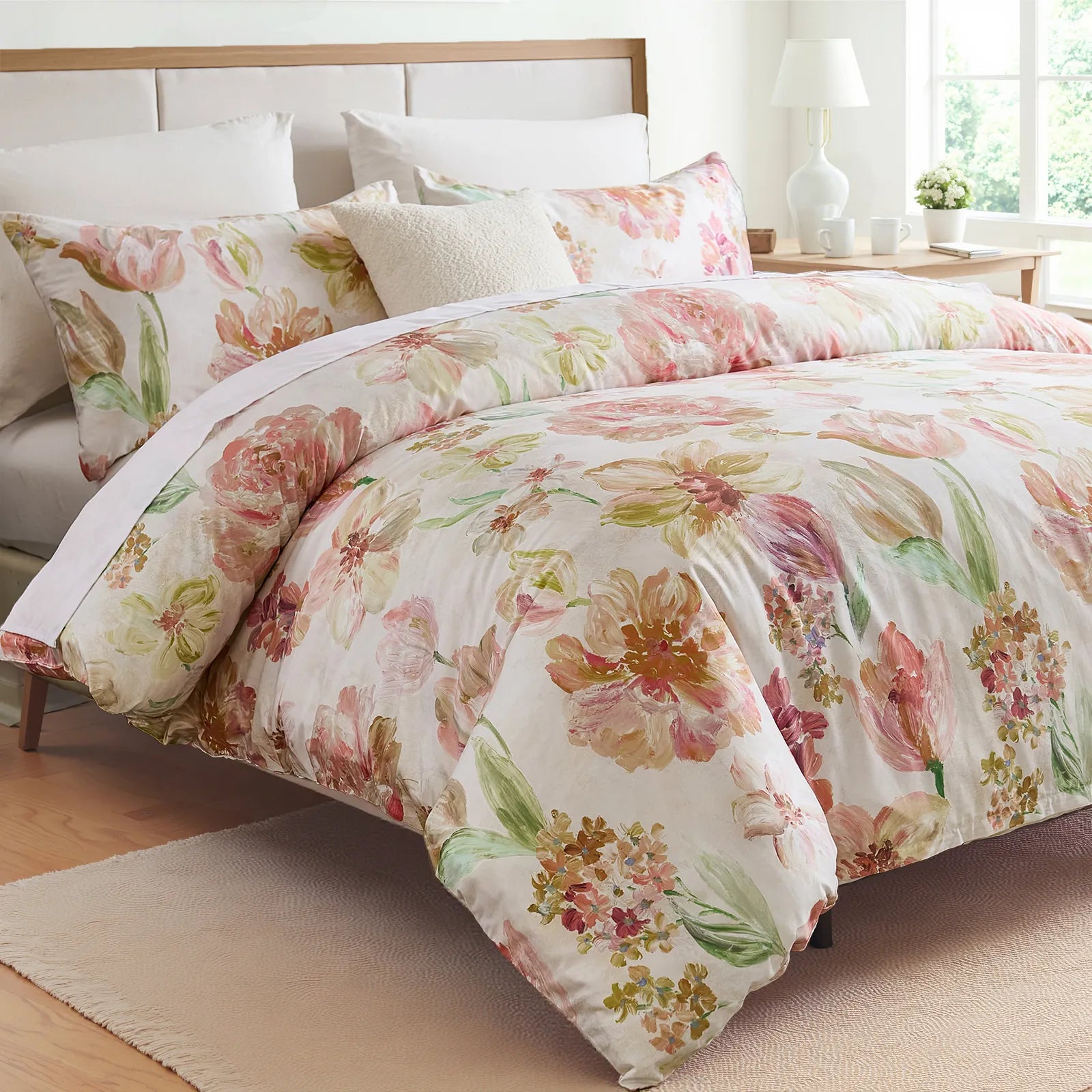 Side view of the floral comforter set with ruffled texture