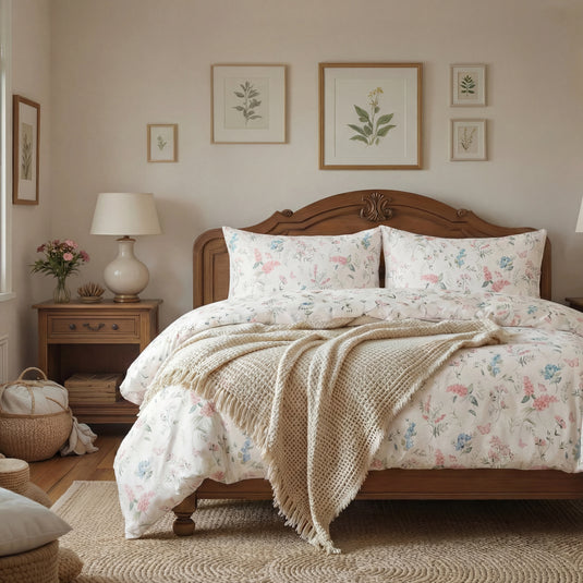 The pink flower duvet cover set styled in a cozy, modern bedroom.