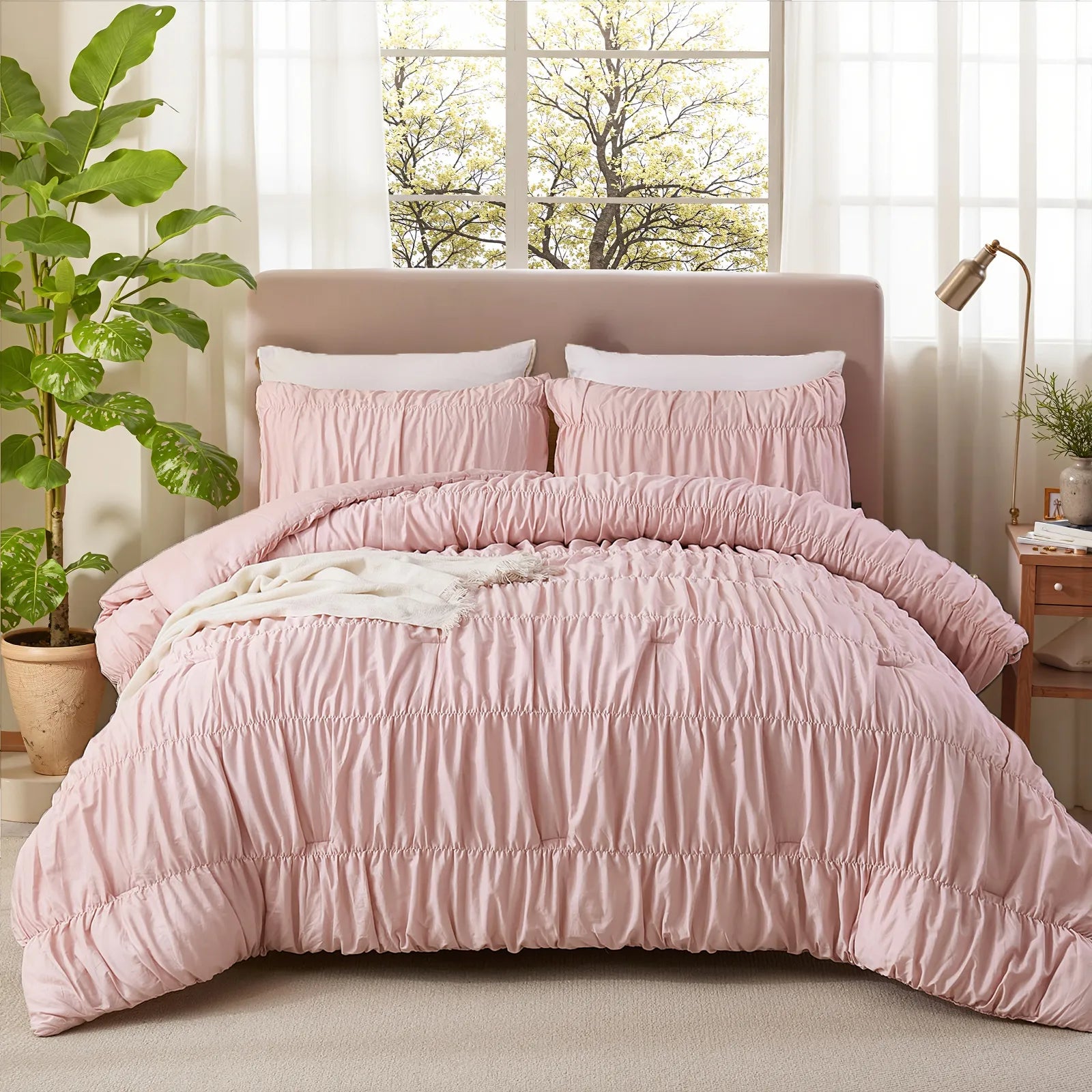 Pink rope embroidered comforter set
