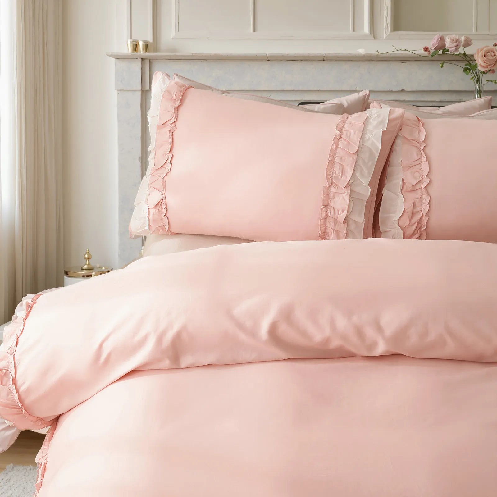 Close-up shot of the ruffled edge on the corner of the white comforter