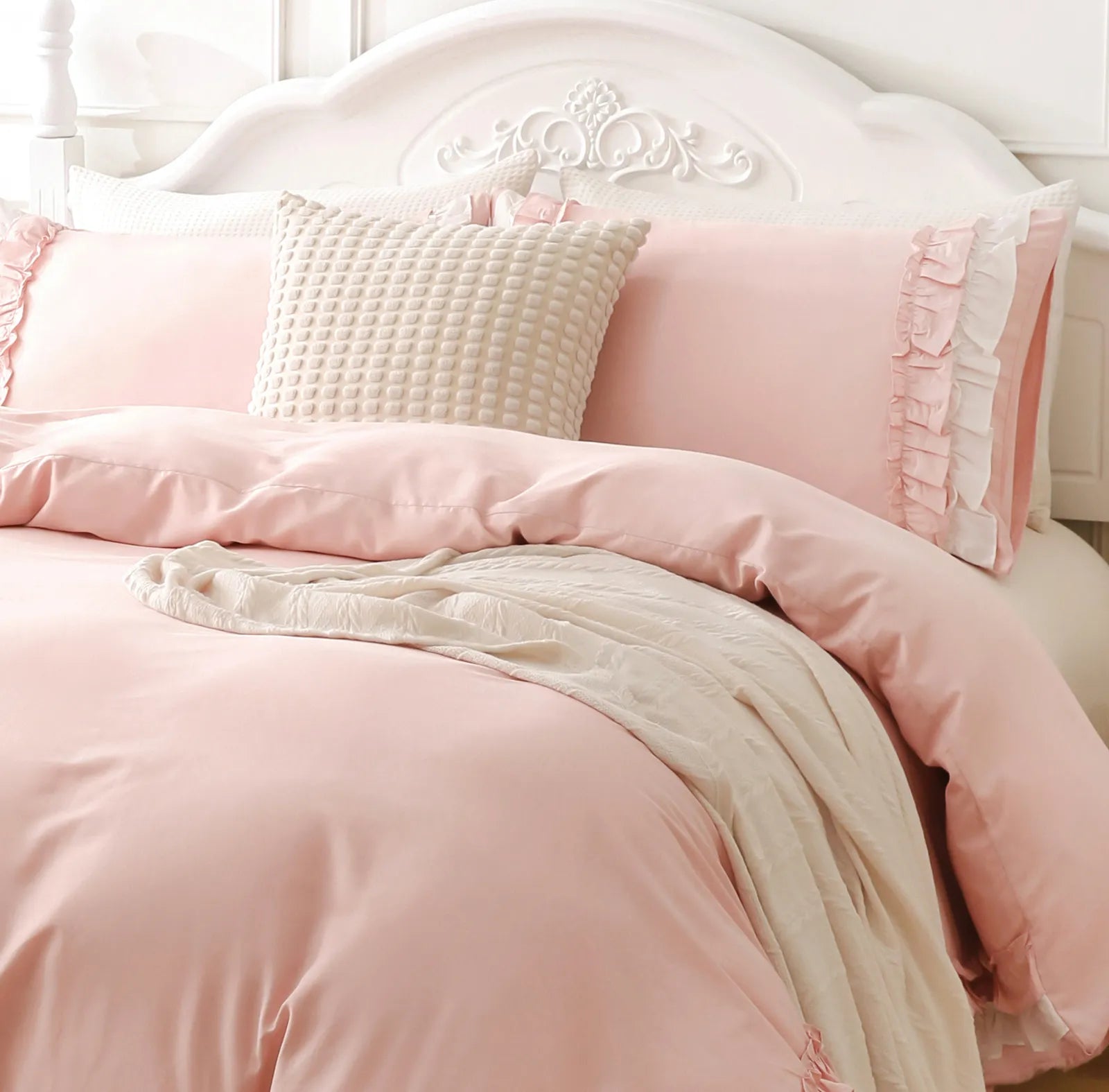 Side view of the ruffled comforter set, highlighting the texture and drape