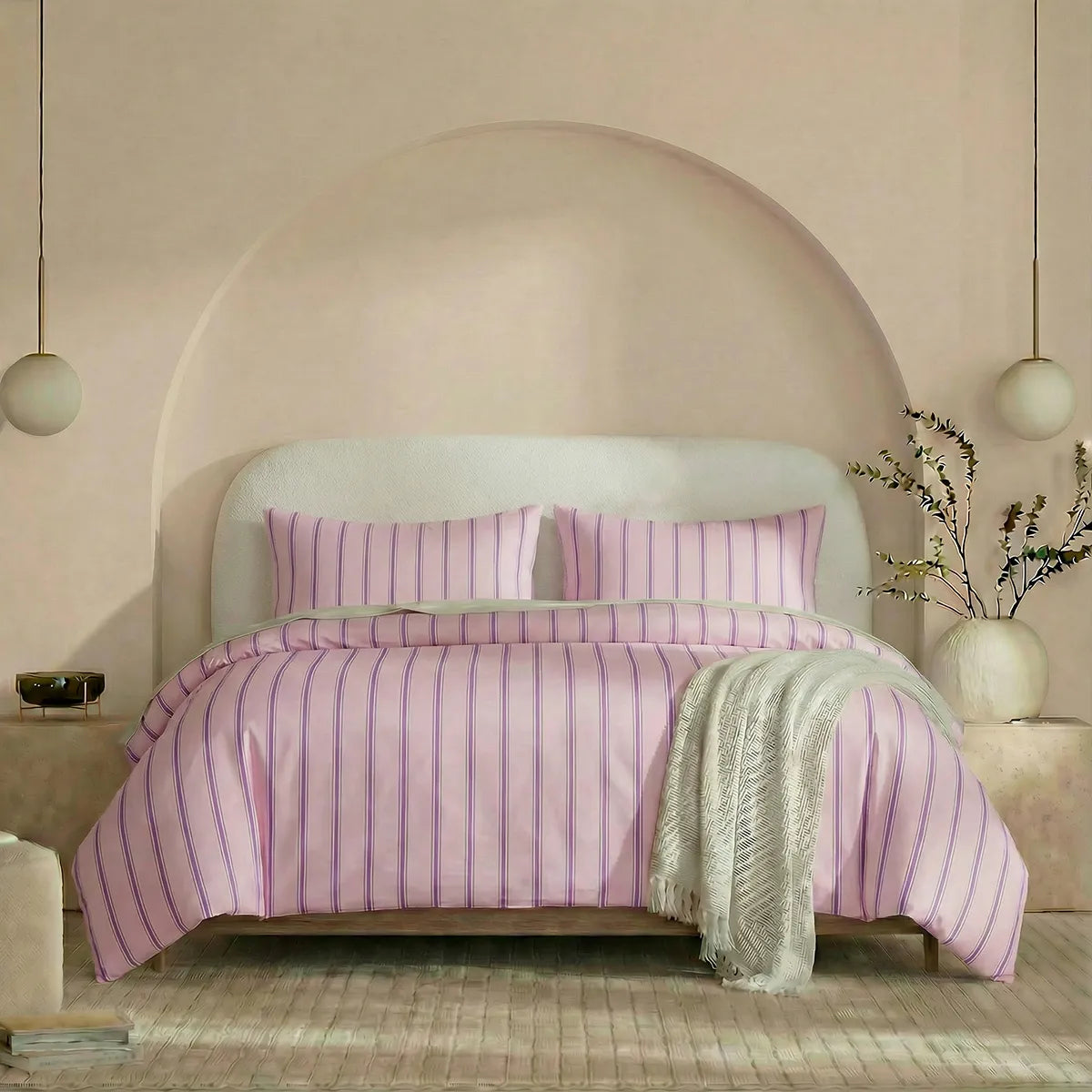 Full front view of pink purple striped bedding set