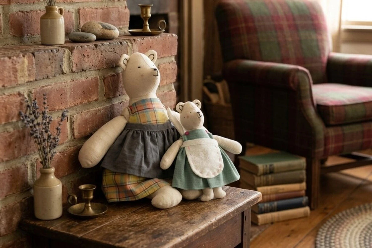plaid bear dolls brick fireplace side table