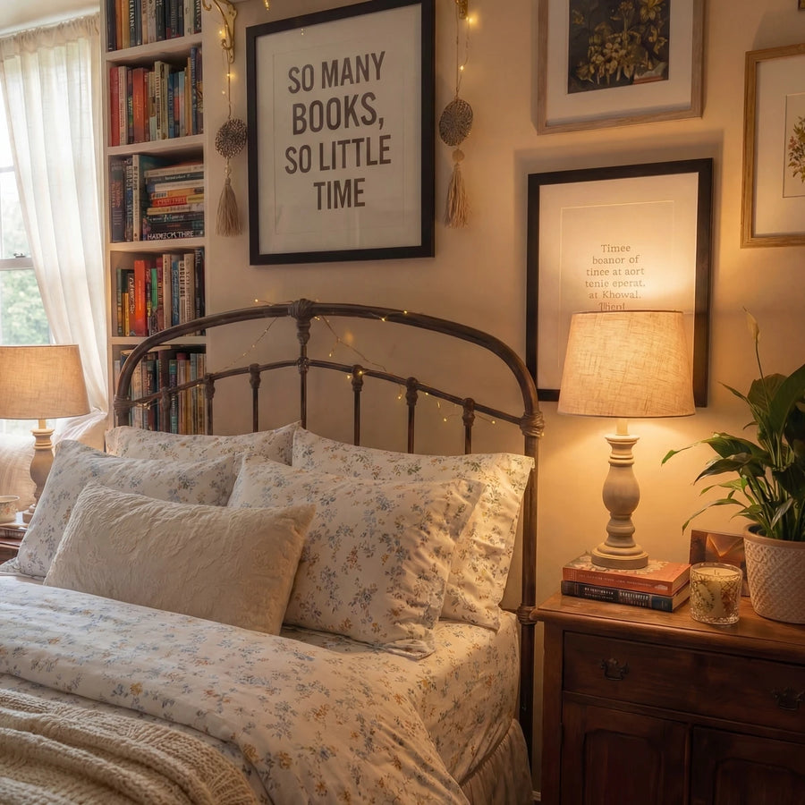 close-up of multi-colored wildflower print cotton pillowcases with a warm lamp and green plants