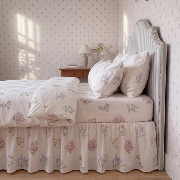 pressed botanical bedding set fitted sheet ruffle skirt side