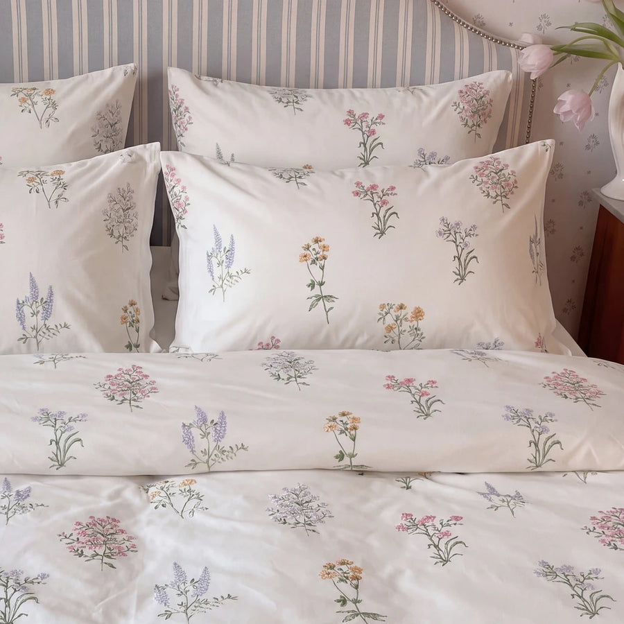 pressed botanical pillow shams striped headboard tulips