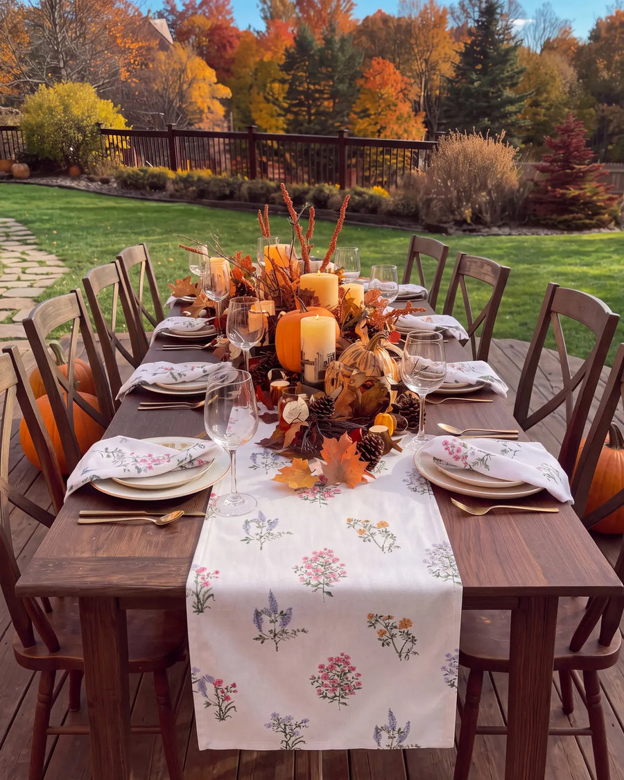 pressed botanical table runner outdoor dining decor