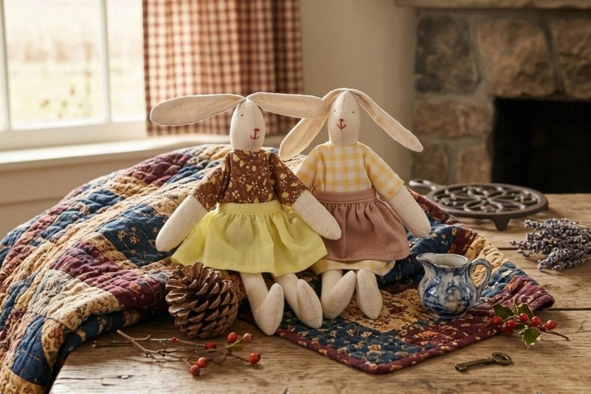 primitive bunny dolls lantern pinecone table