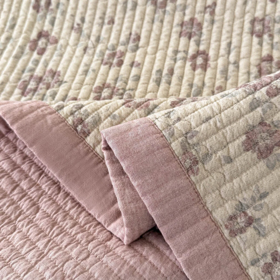 provence meadow washed cotton linen quilt provence floral dusty pink reverse border detail
