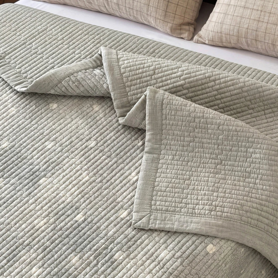 provence meadow washed cotton linen quilt shadow dots solid reverse beige grid pillows