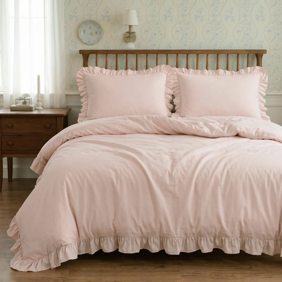pure serenity pink ruffled bedding set full view