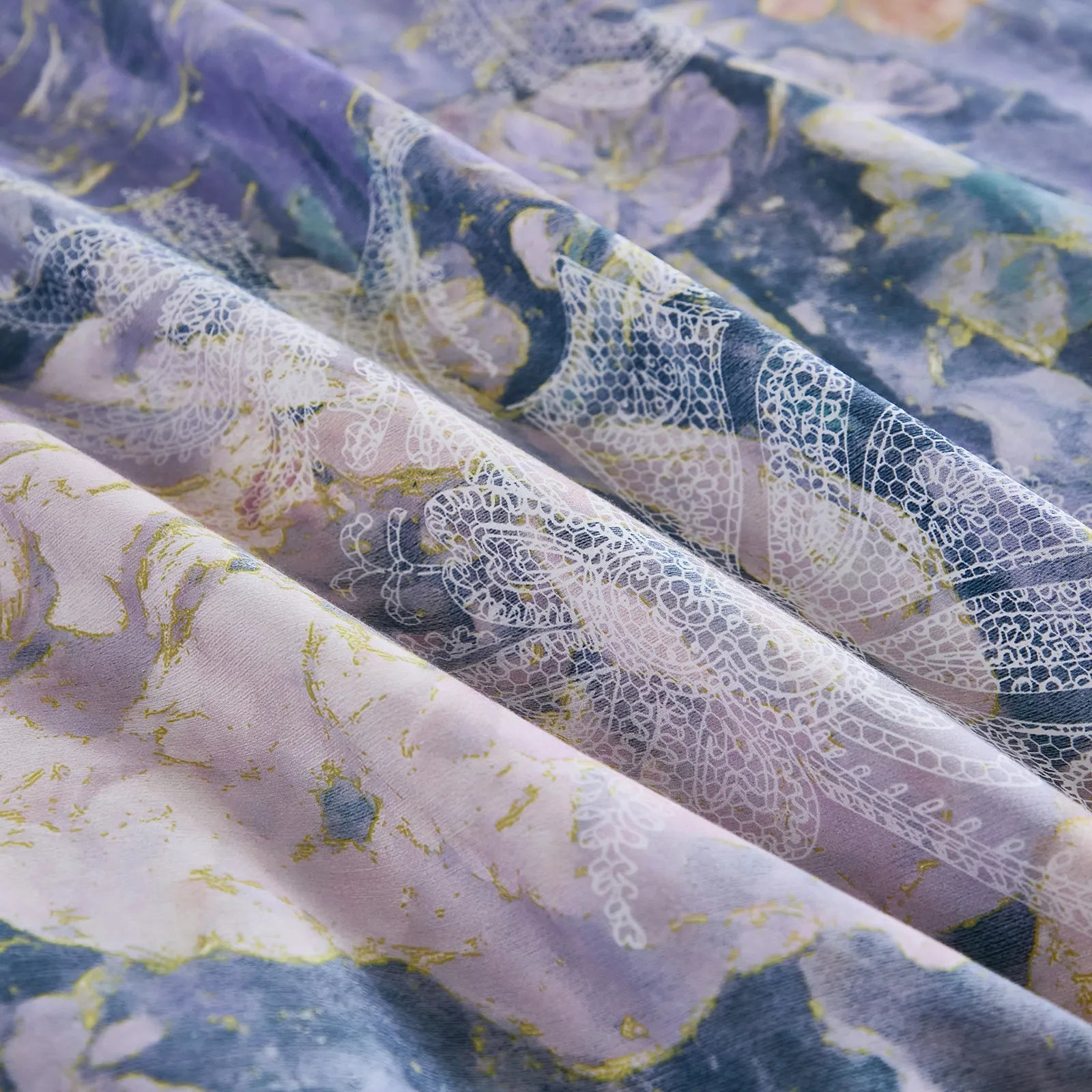 Close up detail of purple floral and white lace fabric pattern