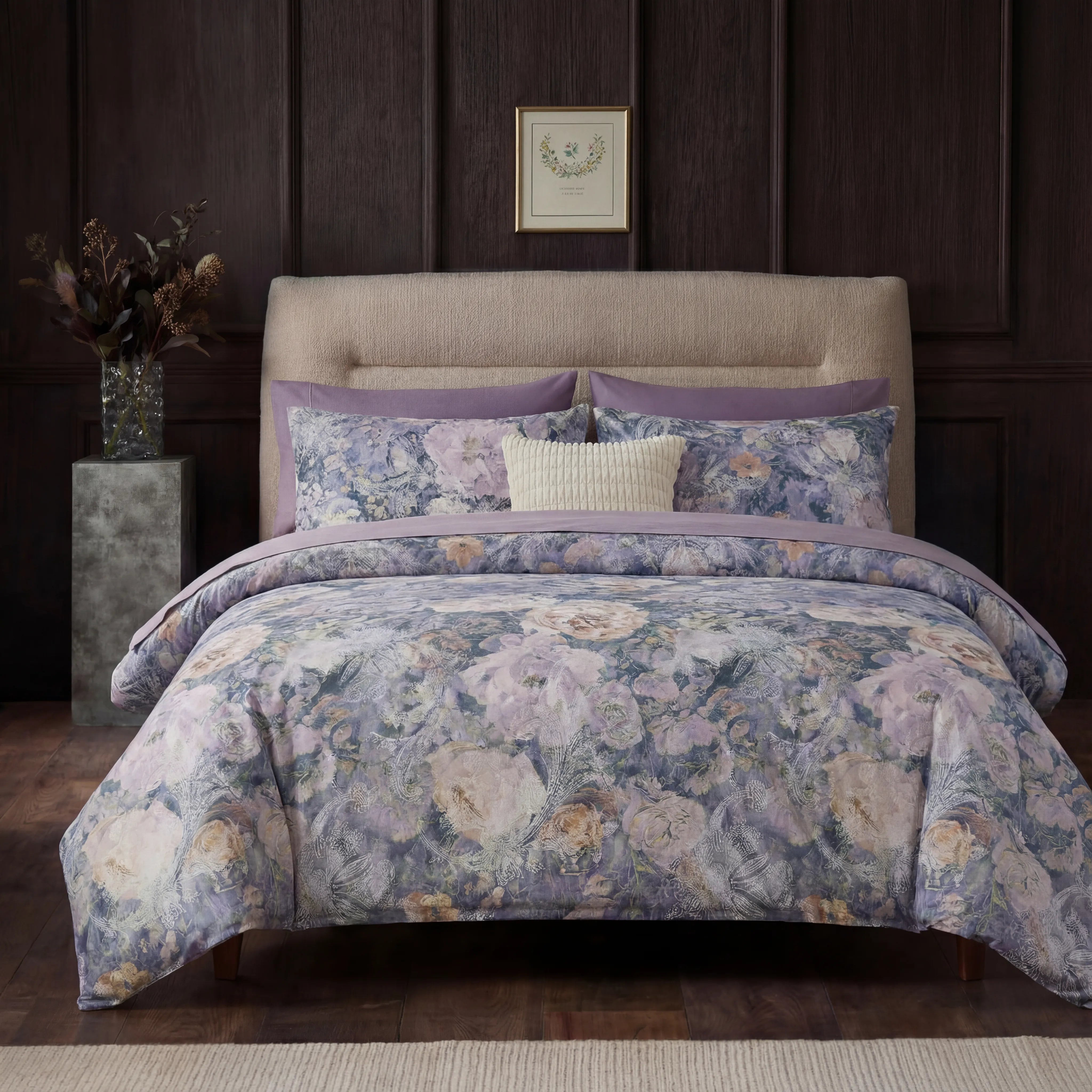 Full front view of the purple floral lace bedding set in a room