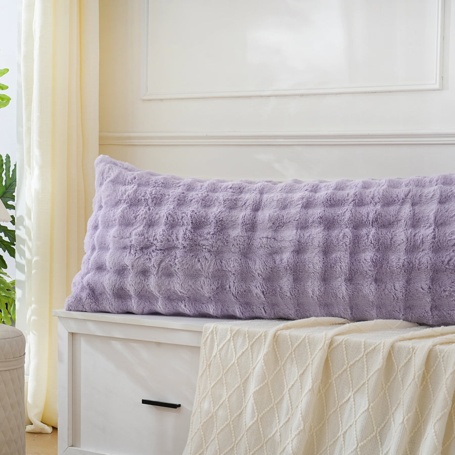 purple plush faux rabbit fur long pillow cover close up