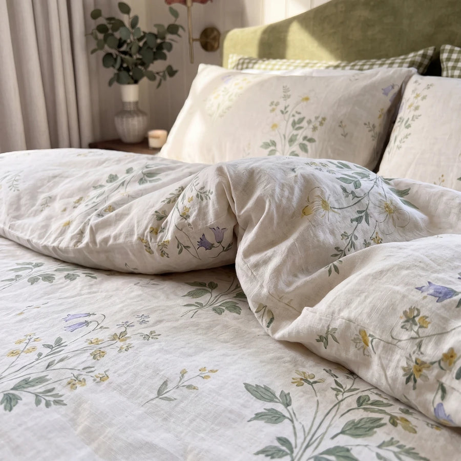 quiet garden meadow duvet cover set cream sage botanical print close up