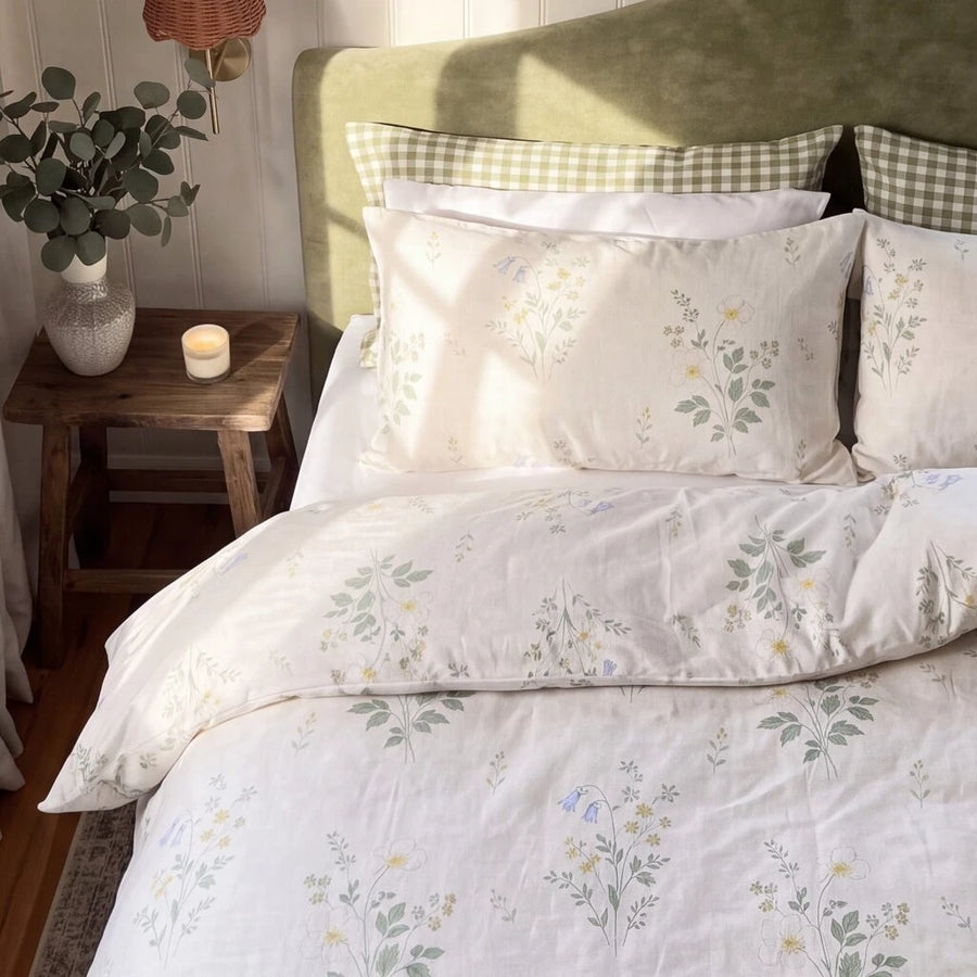 quiet garden meadow duvet cover set wooden nightstand candle eucalyptus