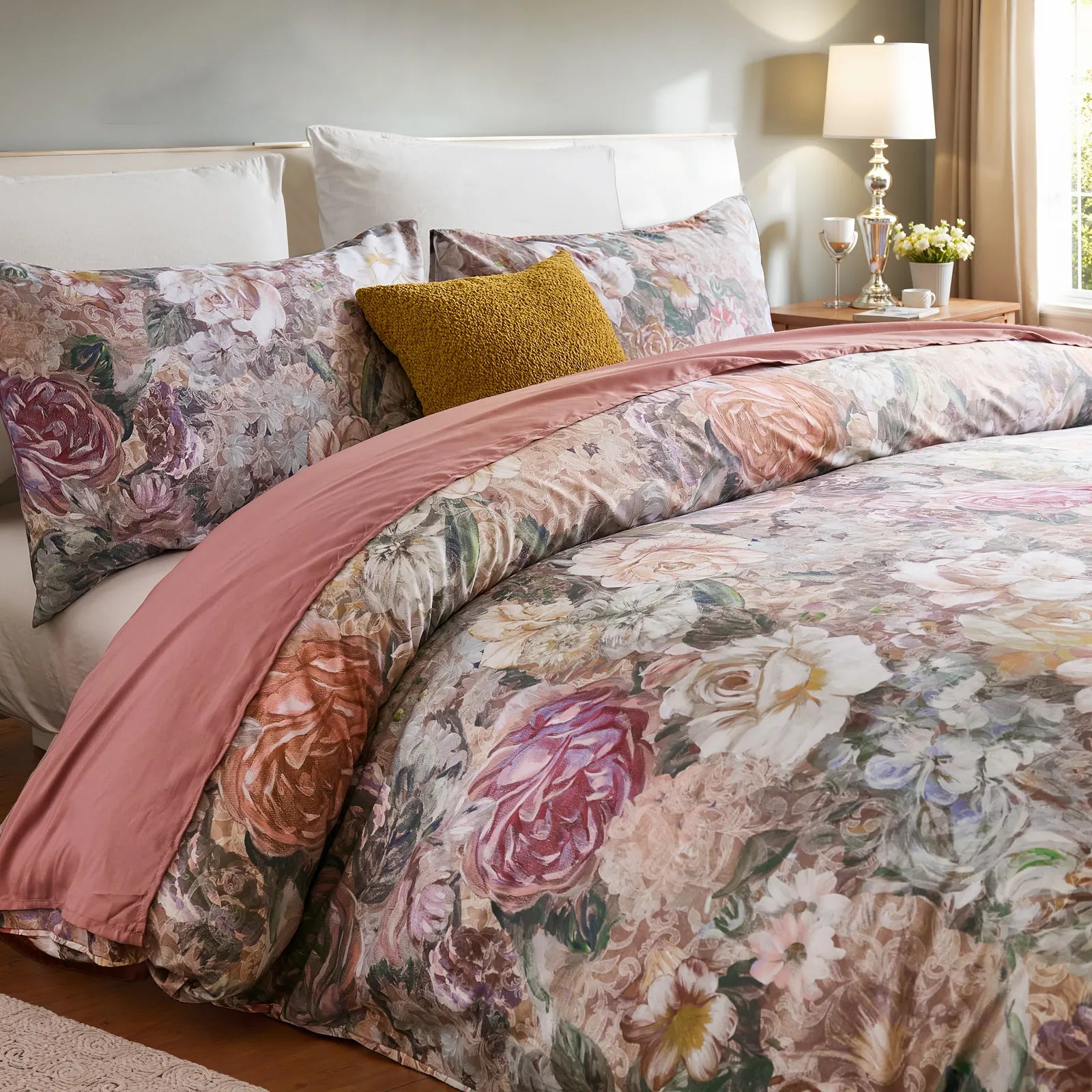 Angled shot of the retro bloom comforter set on the bed