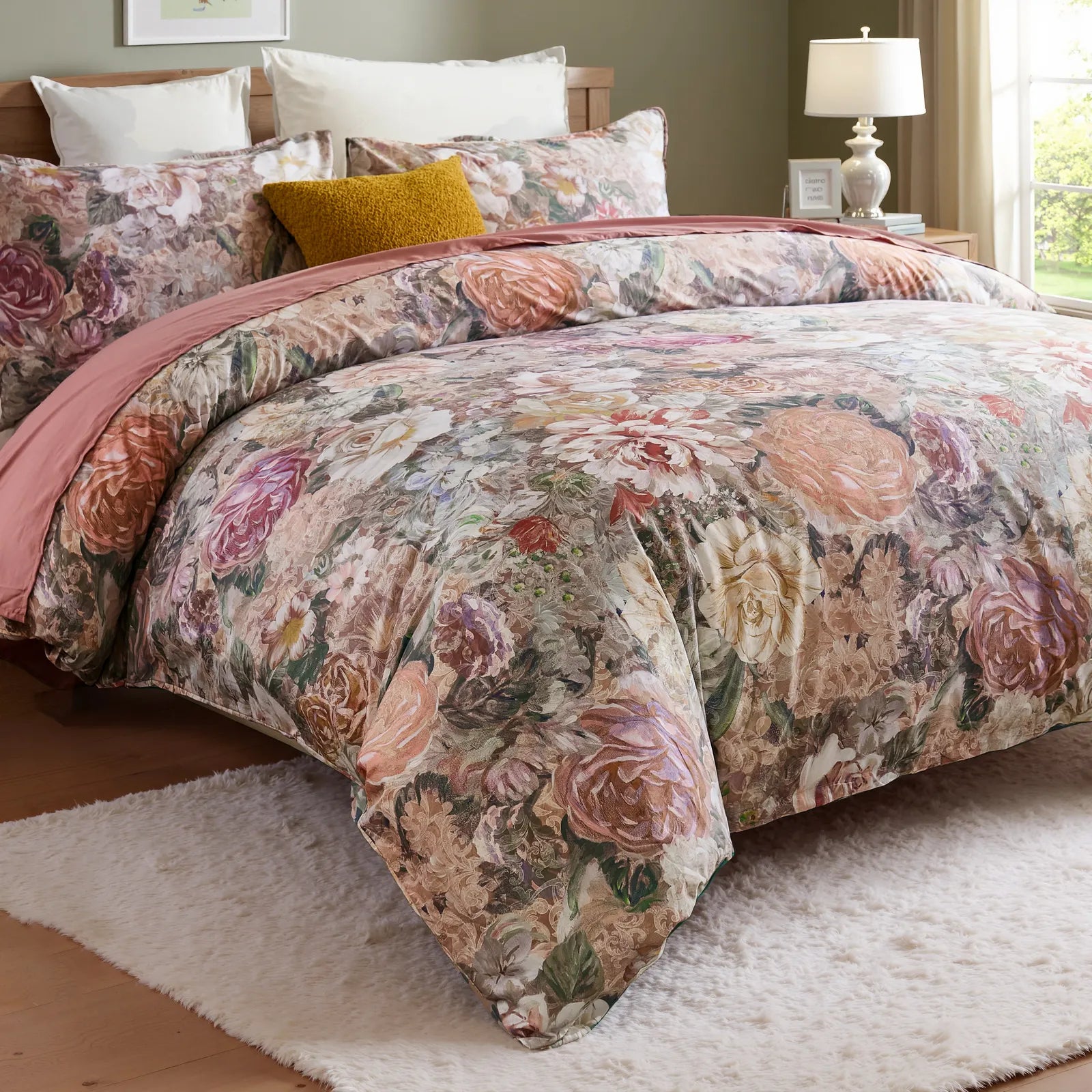 A close-up of the retro bloom pattern on the cotton comforter