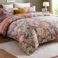 A close-up of the retro bloom pattern on the cotton comforter