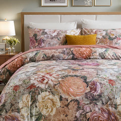 Close-up of the woven cotton fabric and retro floral print texture