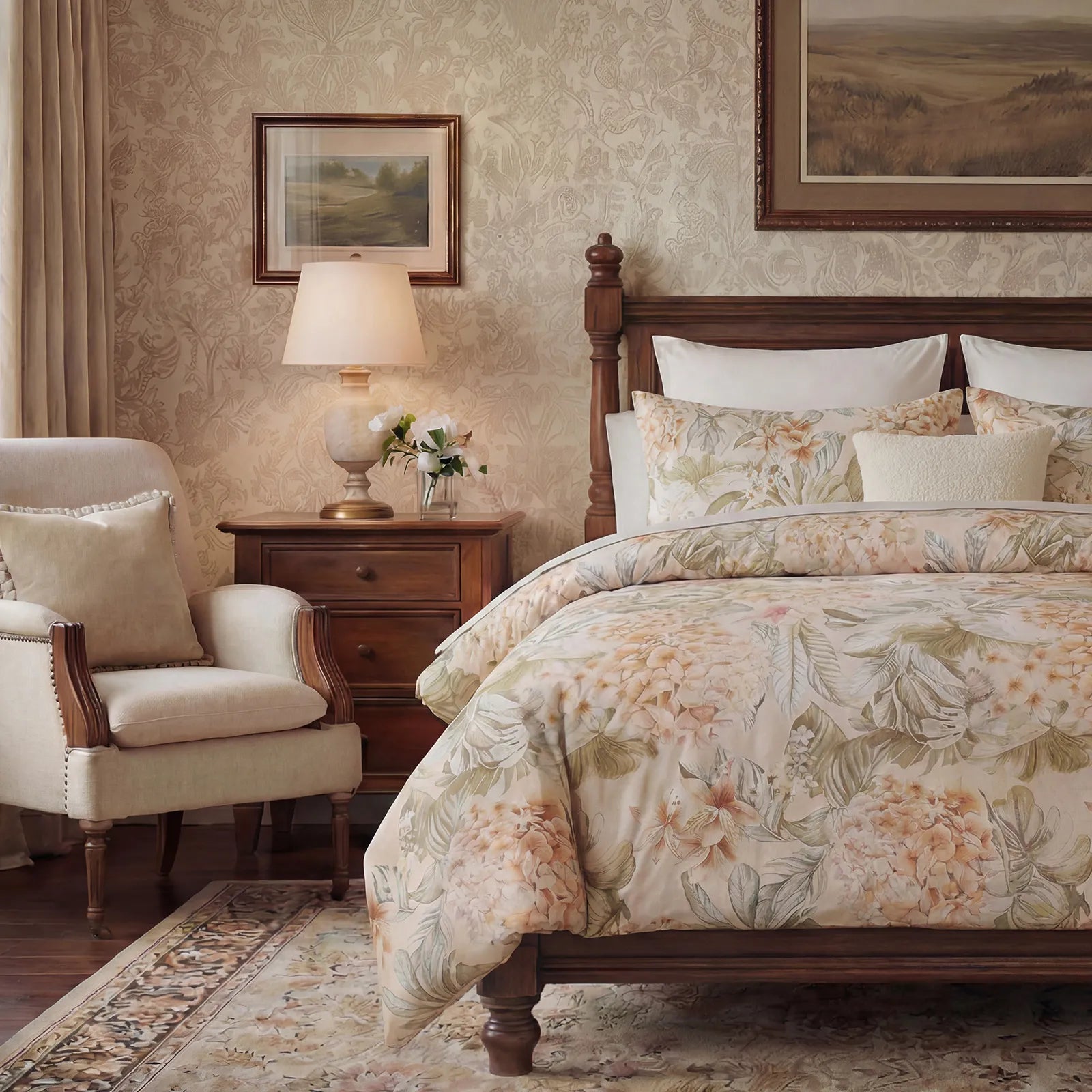 Floral bedding set with classic armchair and bedside lamp