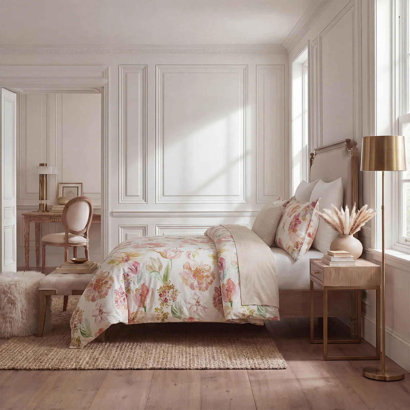 Side profile of a styled bed with romantic floral print bedding