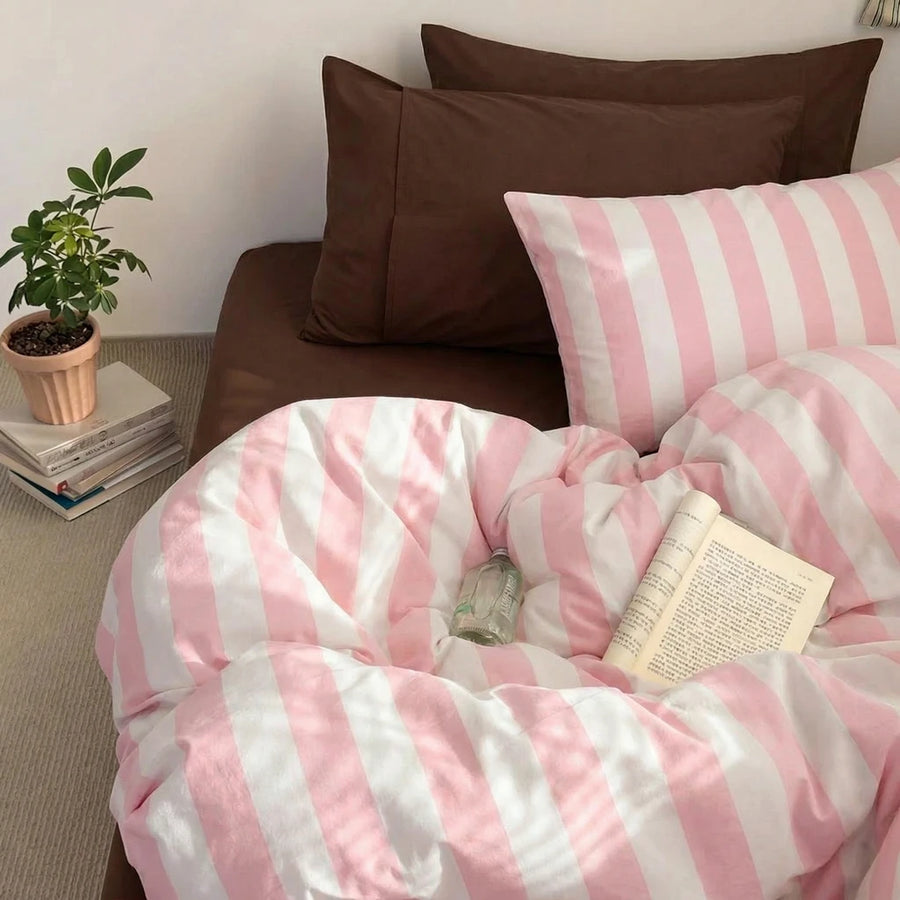 rose bold wide stripe duvet set warm tones